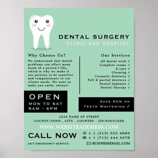 Cartoon Tooth Logo, Dentistry, Dentist Advertising Poster (Front)