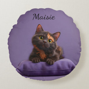 Cartoon Tortoiseshell Kitten on Purple Cushion