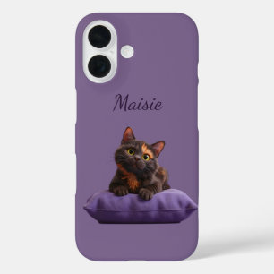 Cartoon Tortoiseshell Kitten on Purple Cushion iPhone 16 Case