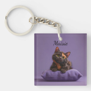 Cartoon Tortoiseshell Kitten on Purple Cushion Key Ring