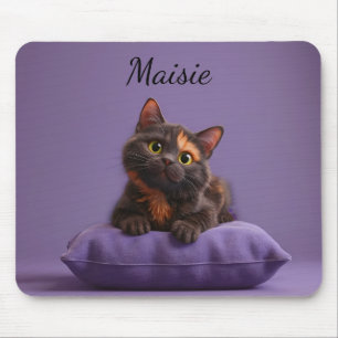Cartoon Tortoiseshell Kitten on Purple Cushion Mouse Mat