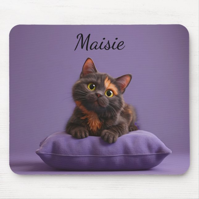 Cartoon Tortoiseshell Kitten on Purple Cushion Mouse Mat (Front)