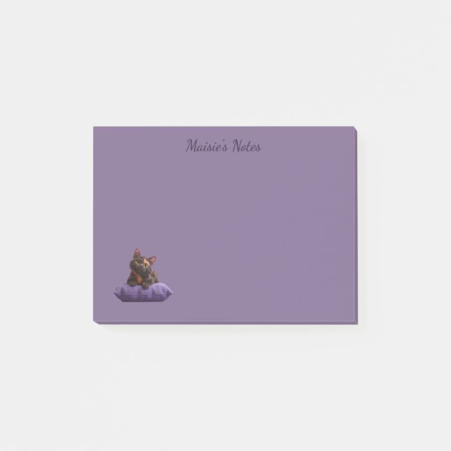 Cartoon Tortoiseshell Kitten on Purple Cushion Post-it Notes (Front)
