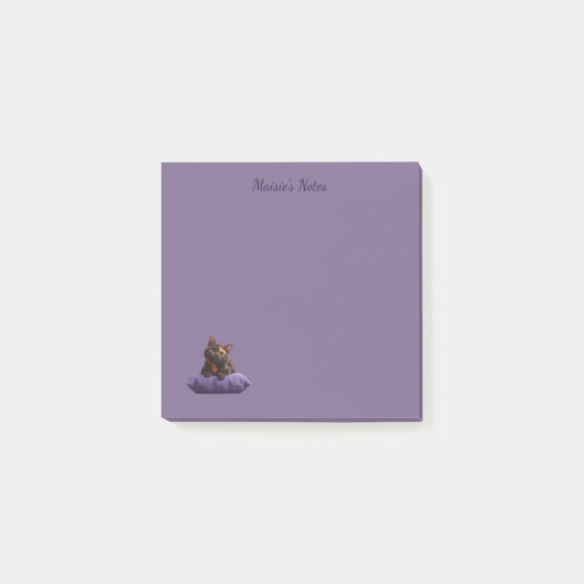 Cartoon Tortoiseshell Kitten on Purple Cushion Post-it Notes (Front)