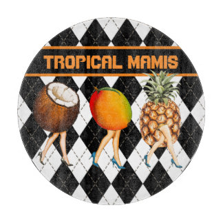 Cartoon Tropical Fruits Ladies On Black & White C Cutting Board