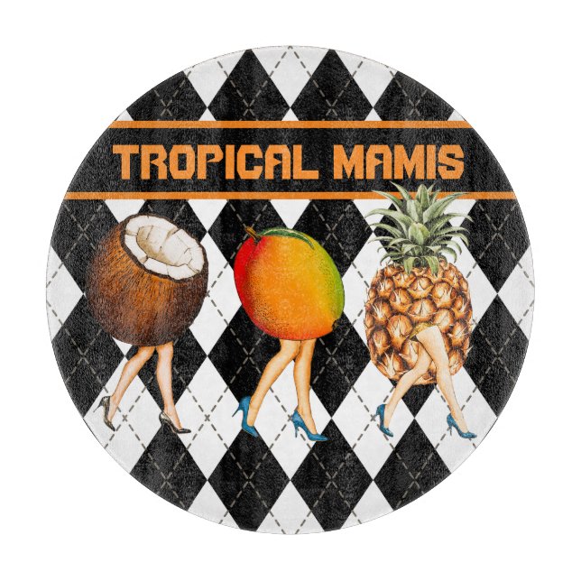 Cartoon Tropical Fruits Ladies On Black & White  C Cutting Board (Front)