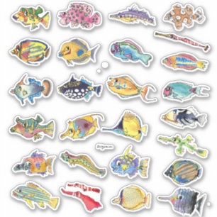 Cartoon Tropical Reef Fish Watercolor Contour