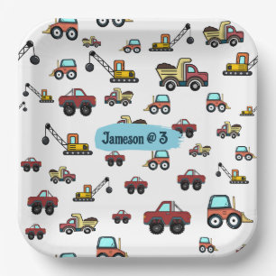 Cartoon Truck Car Crane Vehicle Name Birthday Paper Plate