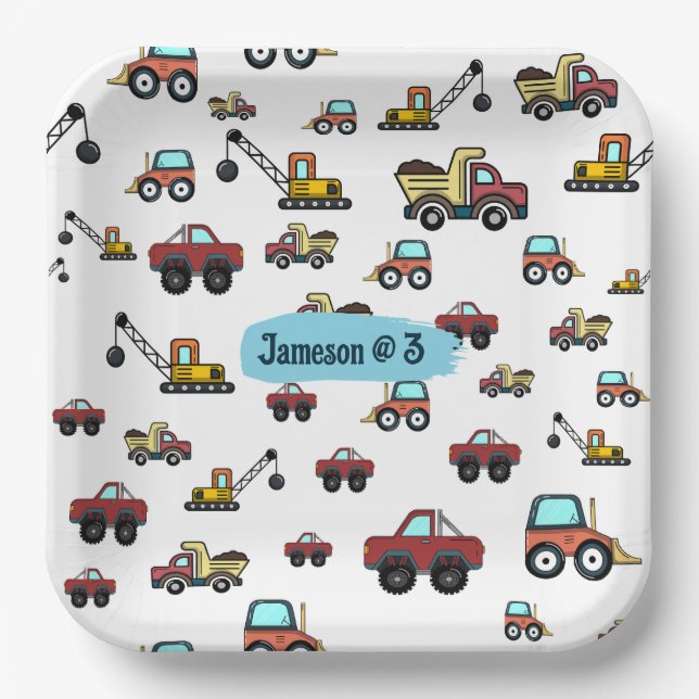 Cartoon Truck Car Crane Vehicle Name Birthday Paper Plate (Front)