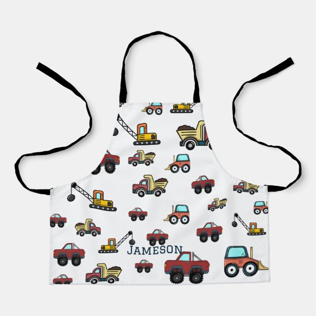 Cartoon Truck Car Crane Vehicle Name Personalised Apron (Front)