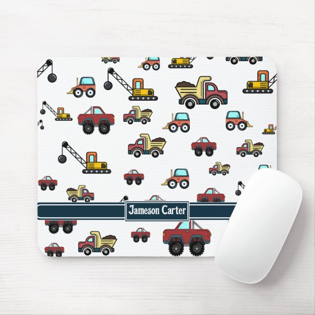 Cartoon Truck Car Crane Vehicle Name Personalised Mouse Mat (With Mouse)