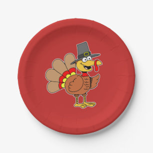 Cartoon Turkey Pilgrim Hat Thanksgiving Paper Plate