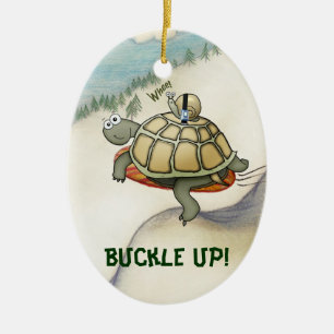 Cartoon turtle, snail on his back with seatbelt ceramic tree decoration