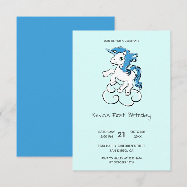 Cartoon Unicorn Birthday Invitation (Front/Back)