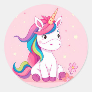 🦄 Cartoon Unicorn Rainbow Mane Cute Fantasy Magic Classic Round Sticker
