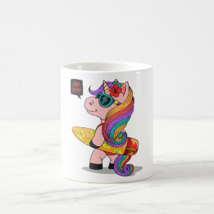 Cartoon unicorn with surfboard coffee mug