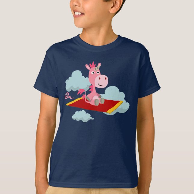 Cartoon Unicorn's Magic Carpet Ride Kids T-Shirt (Front)