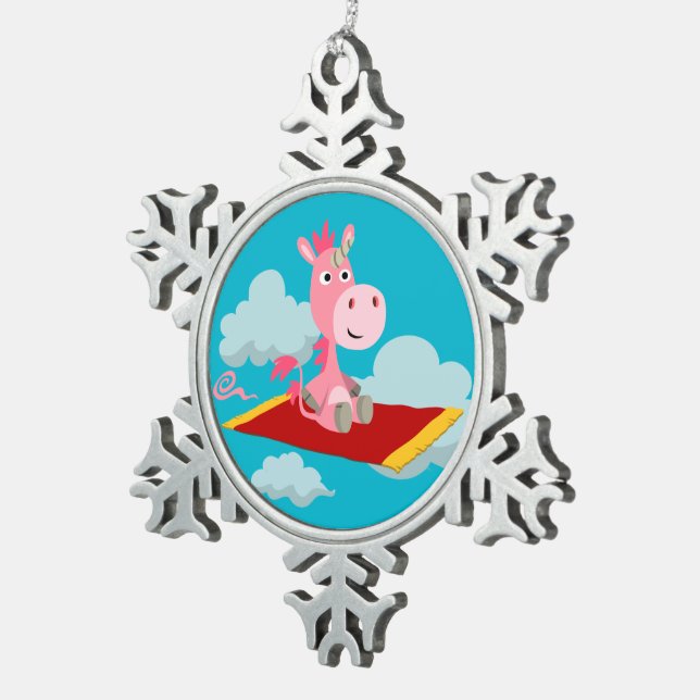 Cartoon Unicorn's Magic Carpet Ride Metal Ornament (Right)