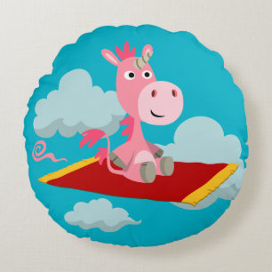 Cartoon Unicorn's Magic Carpet Ride Round Pillow