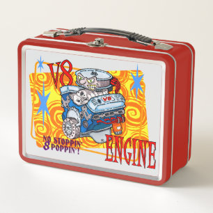 CARTOON V-8 ENGINE METAL LUNCH BOX