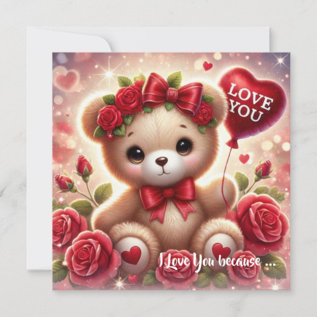 Cartoon Valentine teddy bear with red heart  Holiday Card (Front)
