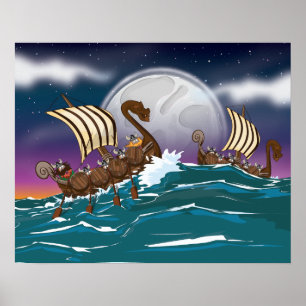 Cartoon Viking invasion fleet Poster