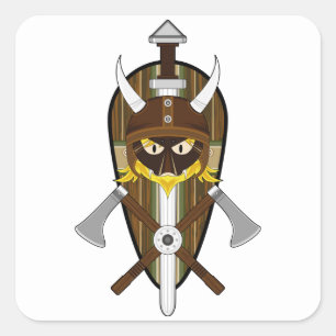 Cartoon Viking Warrior and Shield Square Sticker