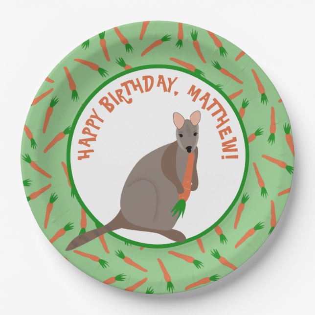 Cartoon Wallaby and Carrots Kids Birthday Party Paper Plate (Front)