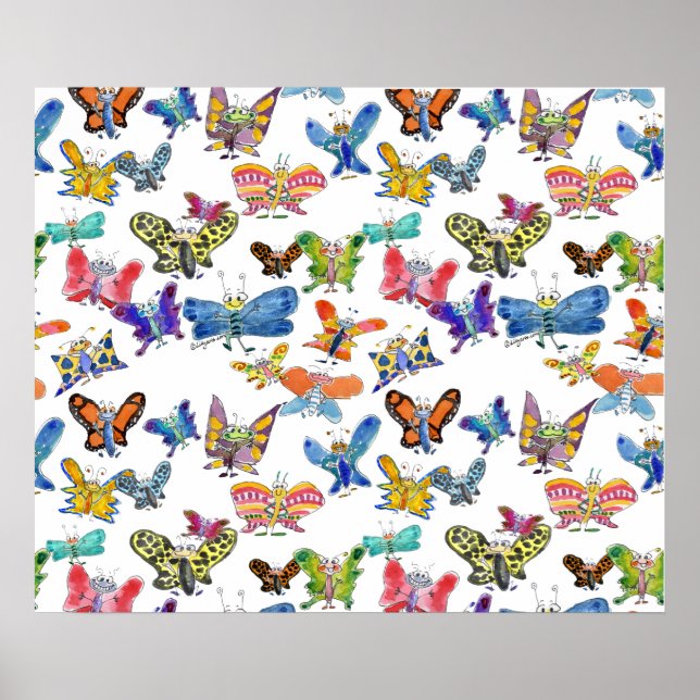 Cartoon Watercolor Butterflies Poster (Front)