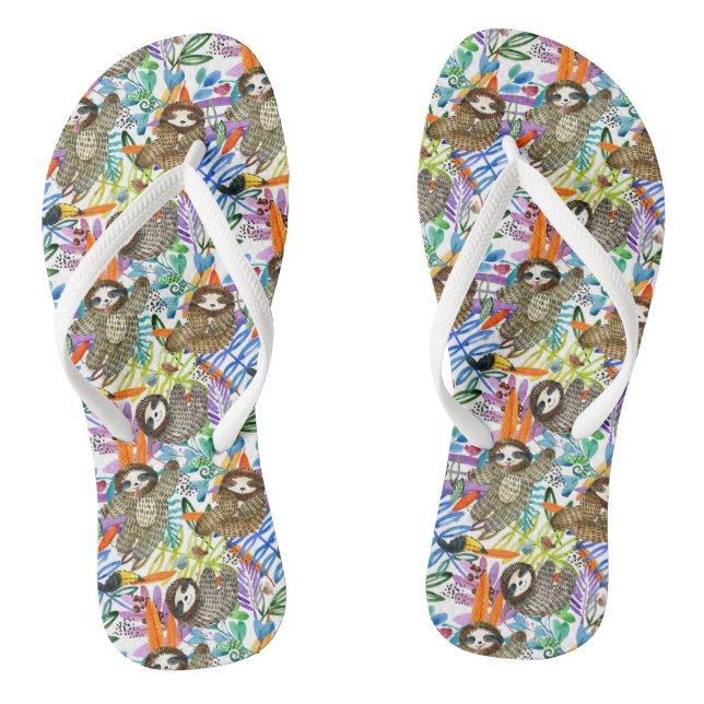 Cartoon Watercolor Sloth Pattern Flip Flops (Footbed)
