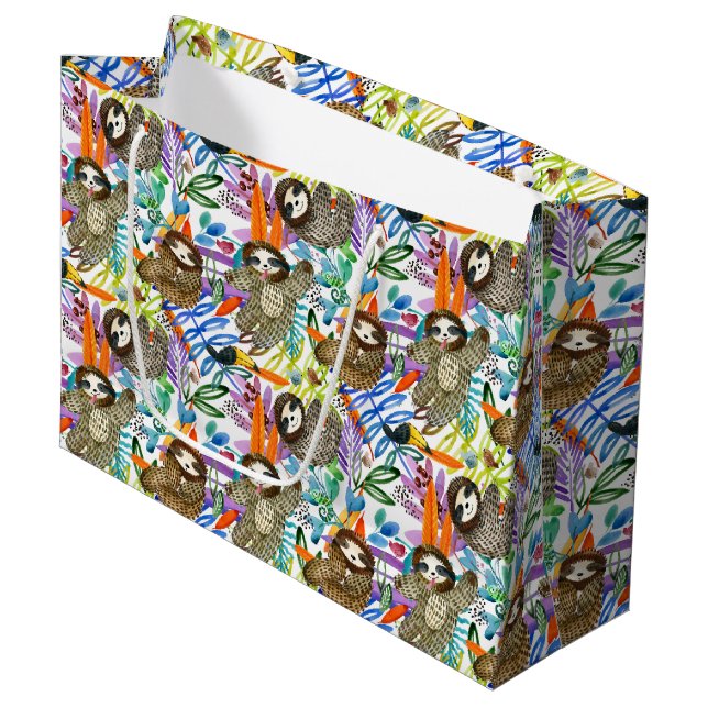 Cartoon Watercolor Sloth Pattern Large Gift Bag (Front Angled)