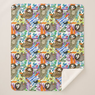 Cartoon Watercolor Sloth Pattern Sherpa Blanket