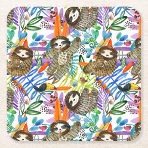 Cartoon Watercolor Sloth Pattern Square Paper Coaster