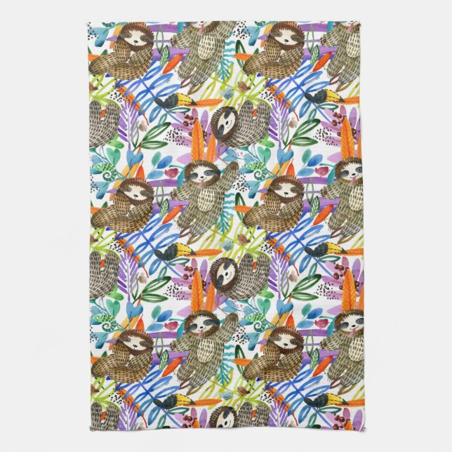 Cartoon Watercolor Sloth Pattern Tea Towel (Vertical)