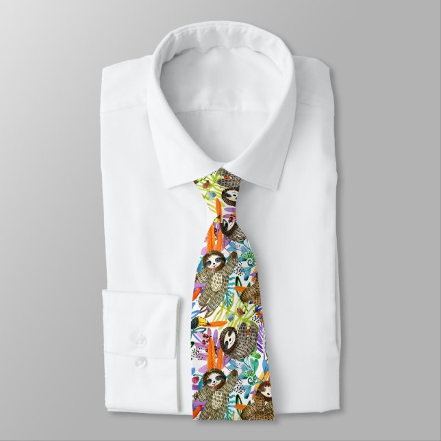 Cartoon Watercolor Sloth Pattern Tie (Tied)