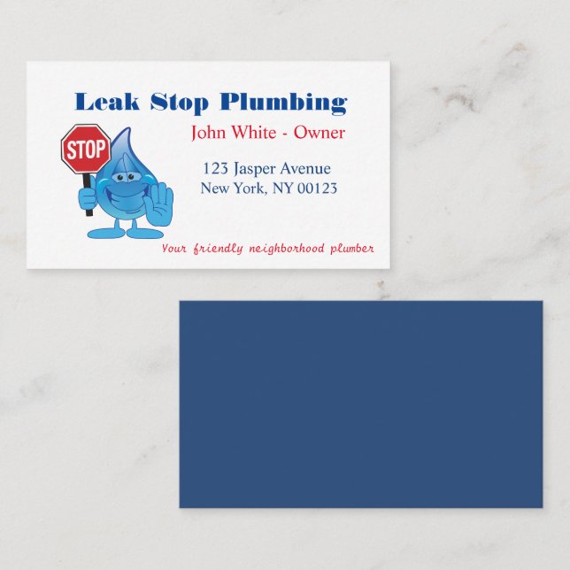 Cartoon Waterdrop Plumber Man Plumbing Service Business Card (Front/Back)