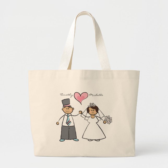 Cartoon Wedding Couple Bride & Groom Pink Heart Large Tote Bag (Front)