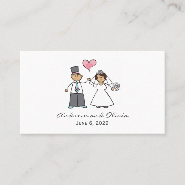 Cartoon Wedding Couple Bride & Groom Pink Heart Place Card (Front)