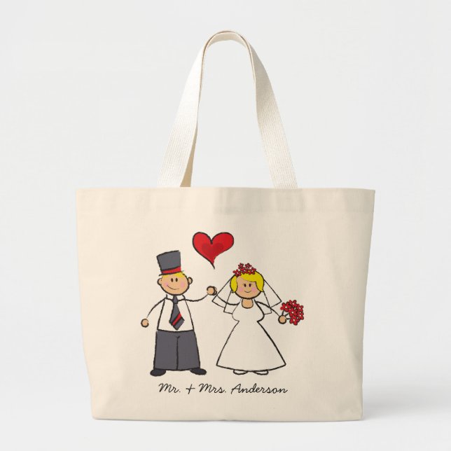 Cartoon Wedding Couple Bride & Groom Red Heart Large Tote Bag (Front)