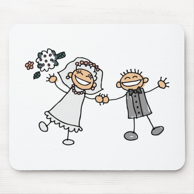 Cartoon Wedding Happy Couple Bride Groom Mouse Mat (Front)