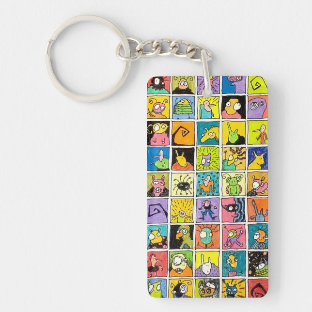 Cartoon Weird Strange Faces Square Designs Key Ring (Front)