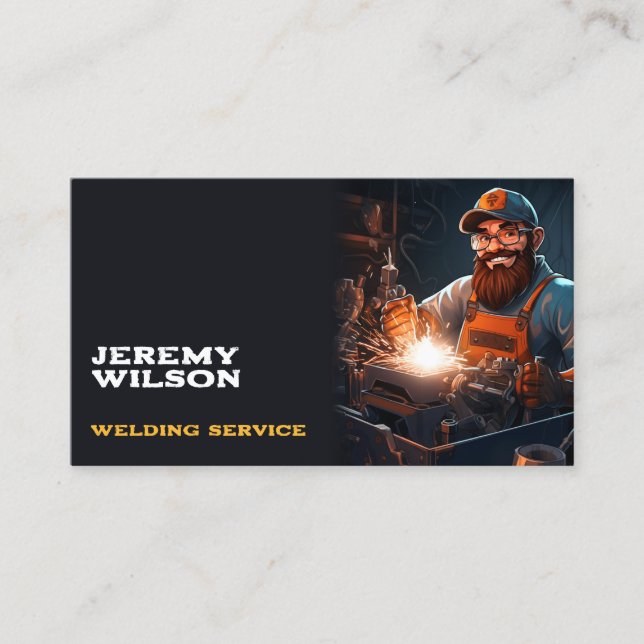 Cartoon Welder Metal Welding Service Steelwork Business Card (Front)