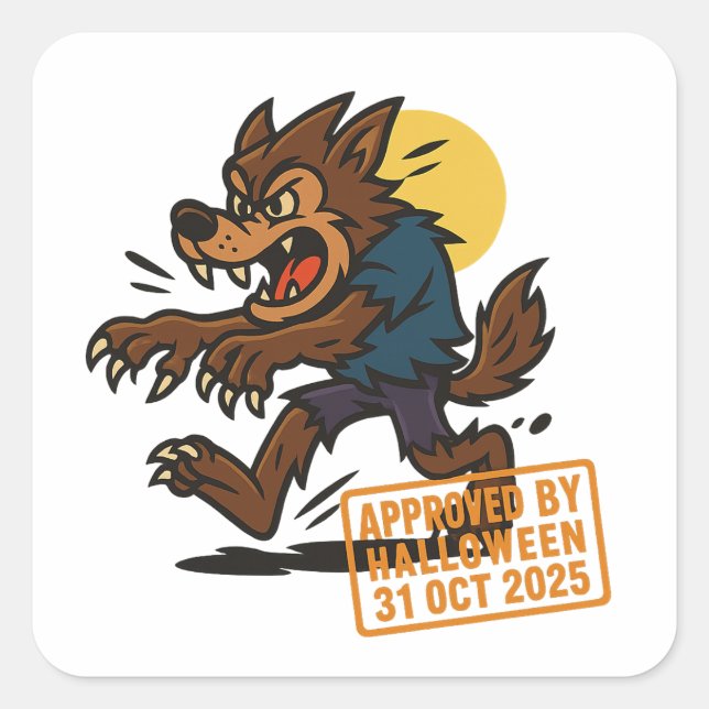Cartoon Werewolf – Approved by Halloween Square Sticker (Front)