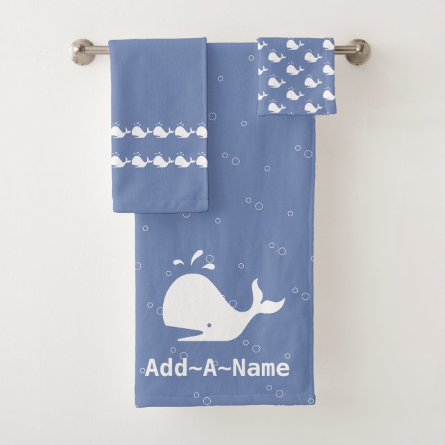 Cartoon Whale  Add your name cornflower Blue Bath Towel Set (Insitu)