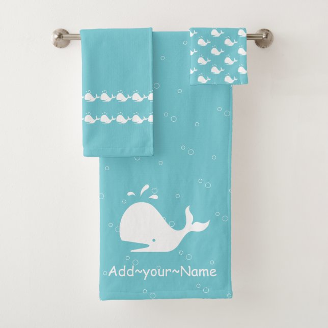 Cartoon Whale Ocean Mist Blue Bath Towel Set (Insitu)