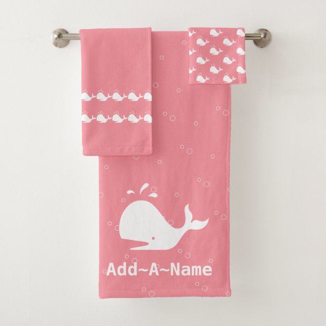 Cartoon Whale Raspberry Sorbet A your name Bath Towel Set (Insitu)