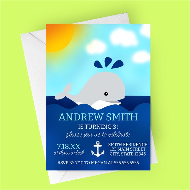 Cartoon Whale Summer Birthday Party Invitation (Cute Whale Modern Birthday Party Invitation | Summer Birthday Party)