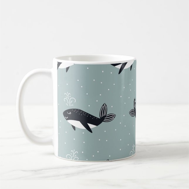 Cartoon whales, fun vintage pattern. coffee mug (Left)