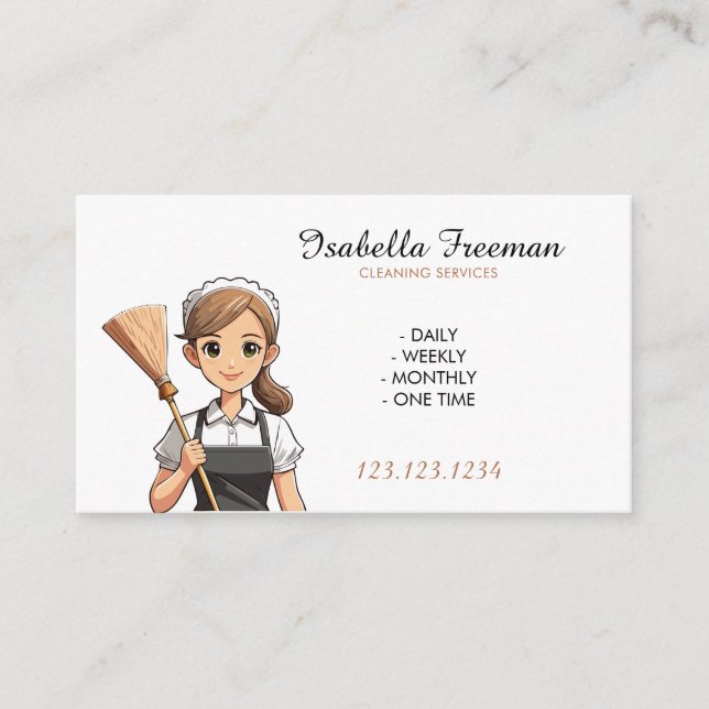 Cartoon White Broom House Maid Cleaning Business Card (Front)