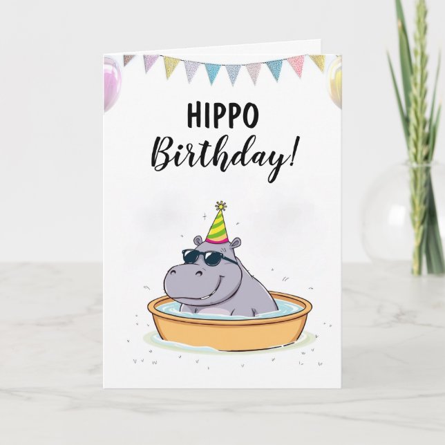 Cartoon White Kiddie Pool Hippo Birthday Card (Front)